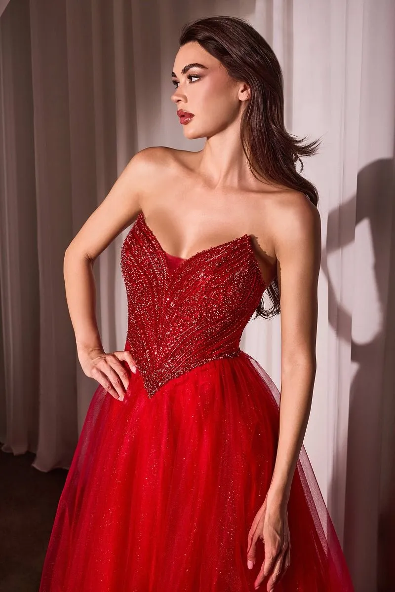 CD CC415 - Strapless Tulle A-Line Prom Gown with Beaded Bodice & Open Lace-up Back