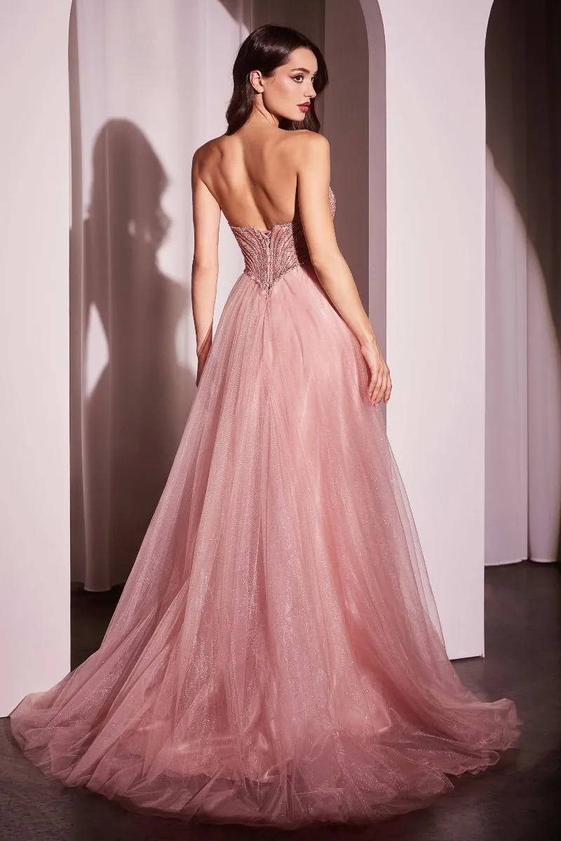 CD CC415 - Strapless Tulle A-Line Prom Gown with Beaded Bodice & Open Lace-up Back