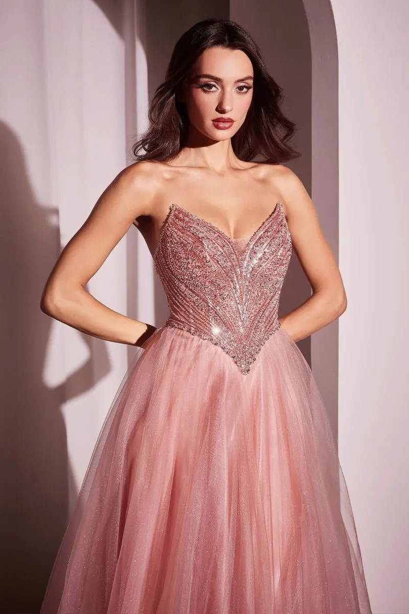 CD CC415 - Strapless Tulle A-Line Prom Gown with Beaded Bodice & Open Lace-up Back
