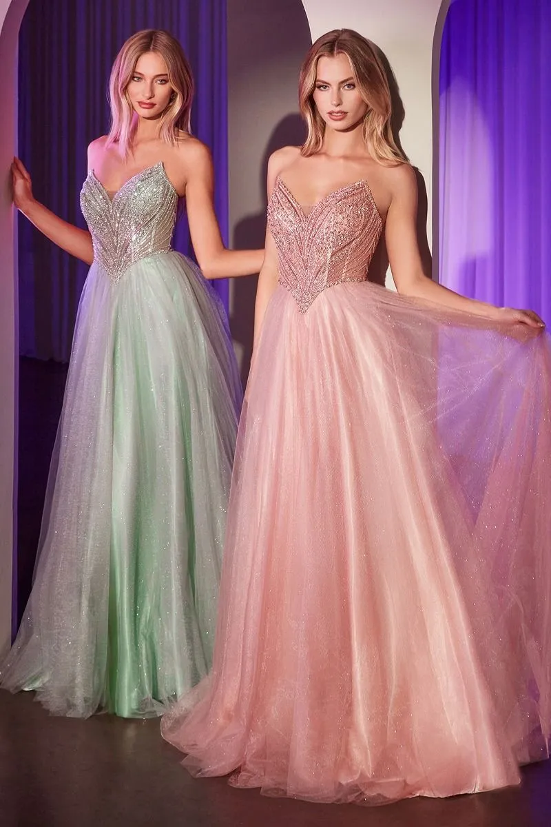 CD CC415 - Strapless Tulle A-Line Prom Gown with Beaded Bodice & Open Lace-up Back