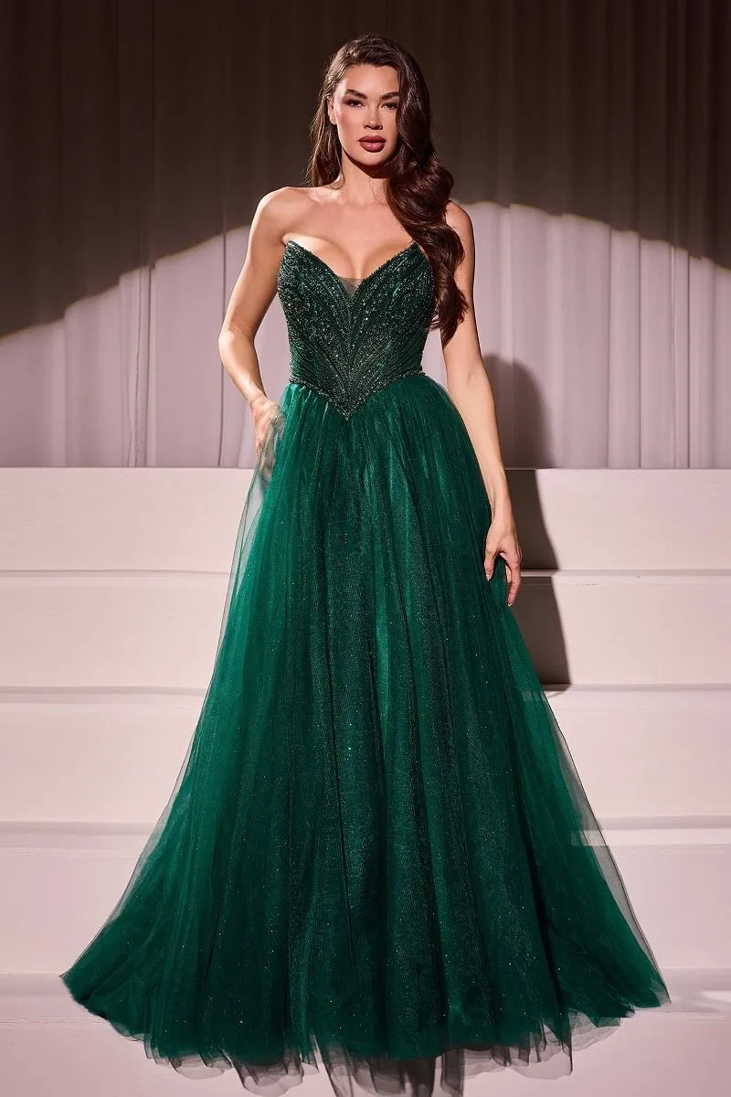 CD CC415 - Strapless Tulle A-Line Prom Gown with Beaded Bodice & Open Lace-up Back