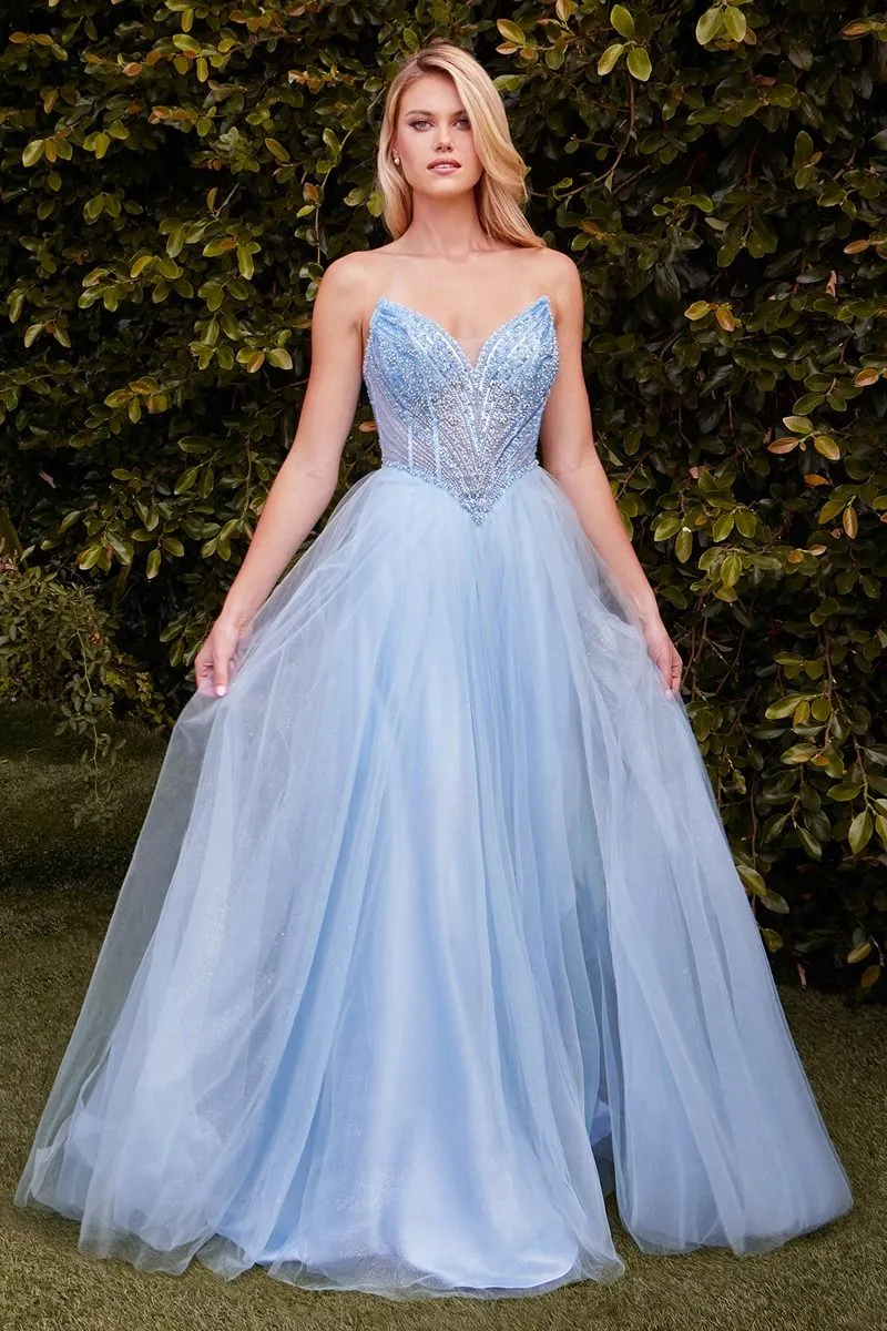 CD CC415 - Strapless Tulle A-Line Prom Gown with Beaded Bodice & Open Lace-up Back