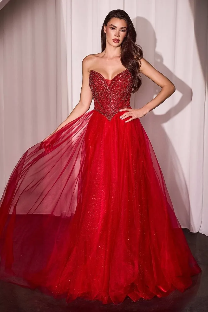 CD CC415 - Strapless Tulle A-Line Prom Gown with Beaded Bodice & Open Lace-up Back