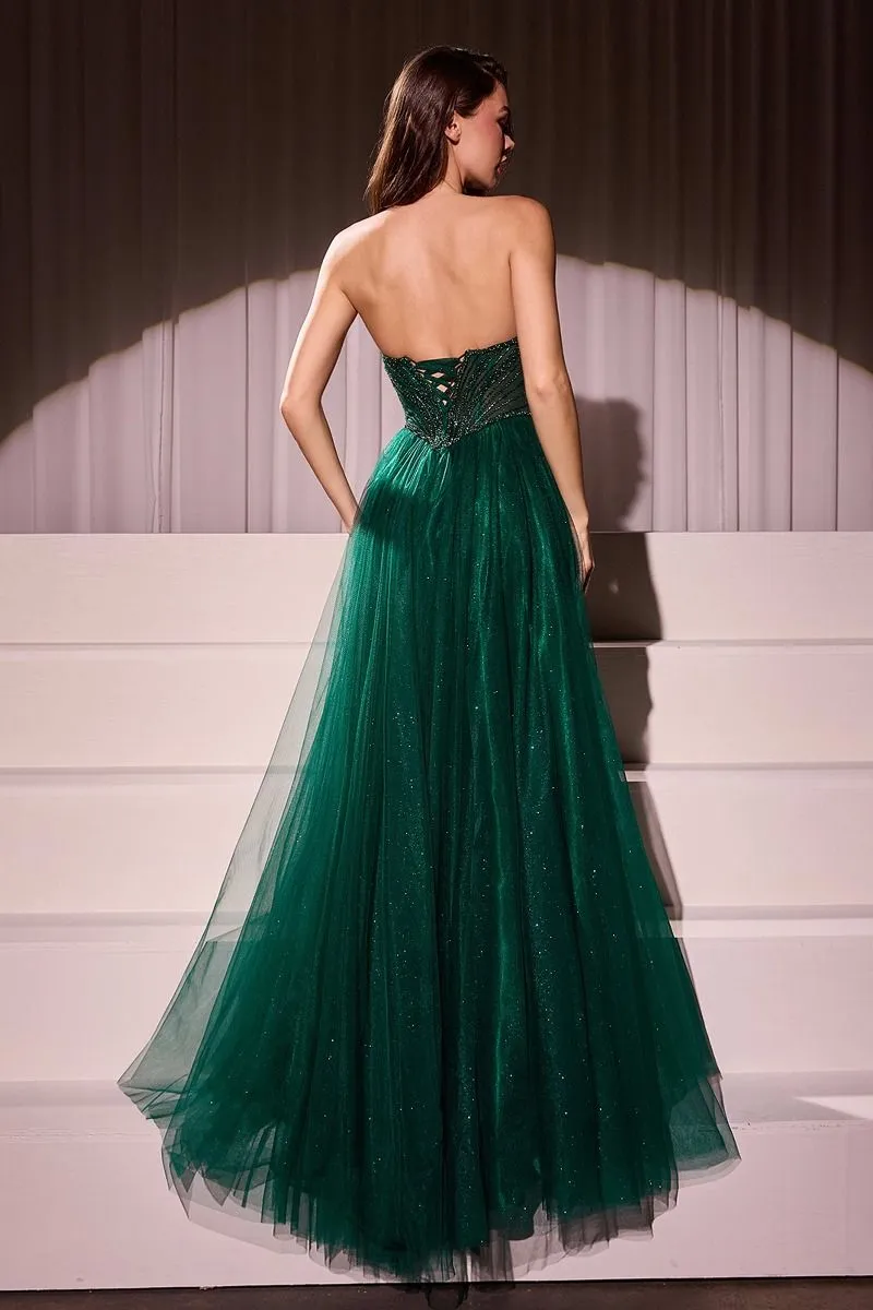 CD CC415 - Strapless Tulle A-Line Prom Gown with Beaded Bodice & Open Lace-up Back