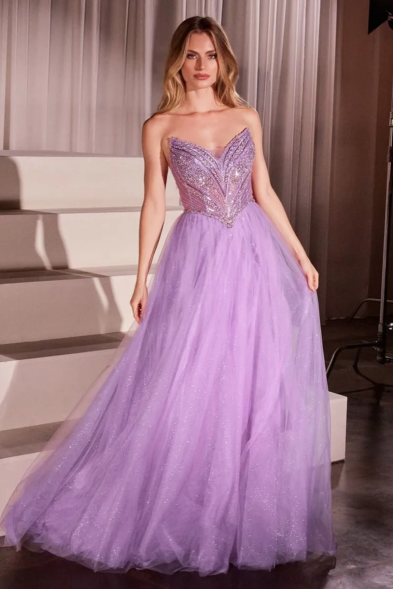 CD CC415 - Strapless Tulle A-Line Prom Gown with Beaded Bodice & Open Lace-up Back