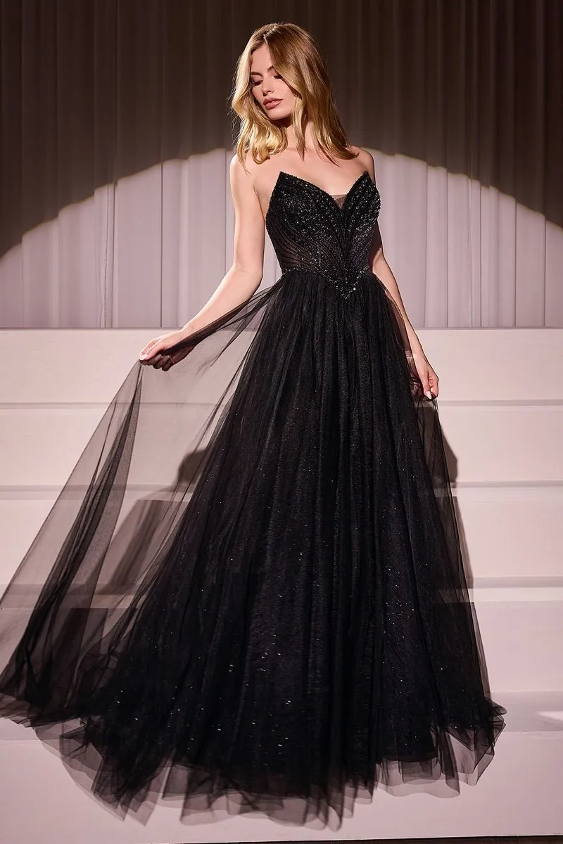 CD CC415 - Strapless Tulle A-Line Prom Gown with Beaded Bodice & Open Lace-up Back