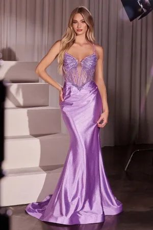 CD CC8879 - Stretch Satin Fit & Flare Prom Gown with Crystal Beaded Sheer Bodice & Open Detailed Lace Up Back