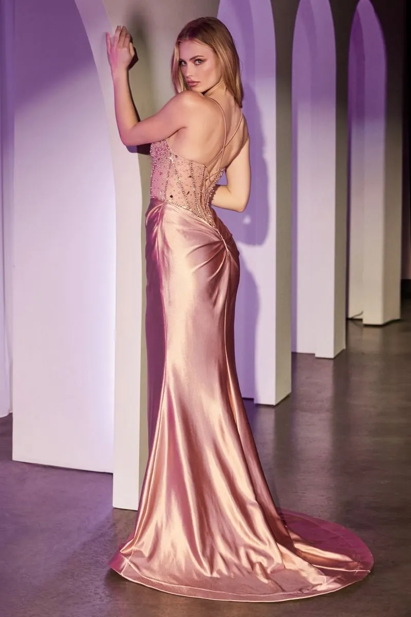 CD CC8884 - Stretch Satin Fit & Flare Prom Gown with Sheer Beaded Bodice & Open Lace Up Bacl