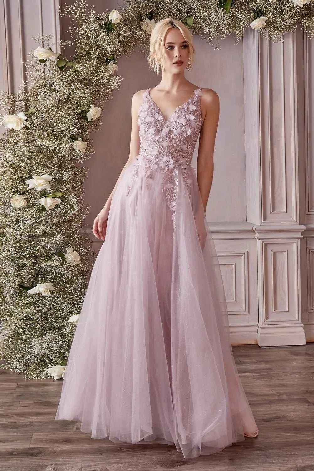 CD CD0181 - Shimmer Tulle A-Line Prom Gown with 3D Floral & Lace Embellished Sheer Boned Bodice