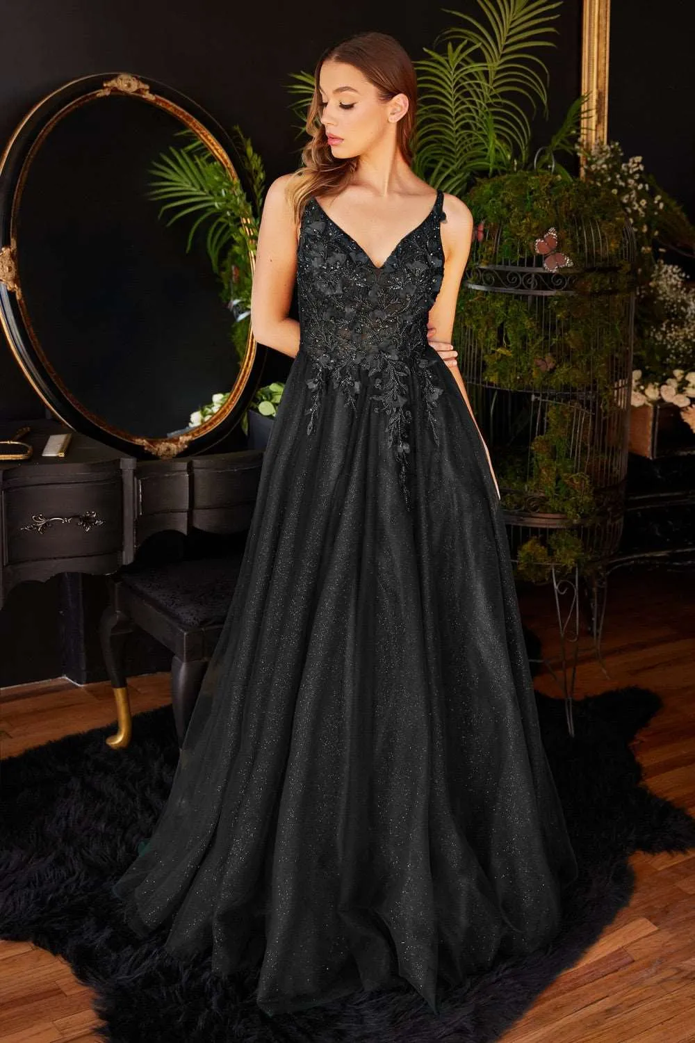 CD CD0181 - Shimmer Tulle A-Line Prom Gown with 3D Floral & Lace Embellished Sheer Boned Bodice