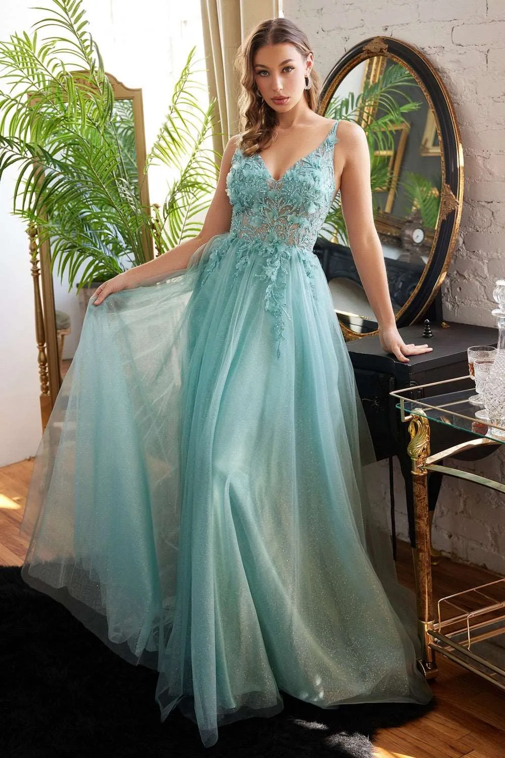 CD CD0181 - Shimmer Tulle A-Line Prom Gown with 3D Floral & Lace Embellished Sheer Boned Bodice