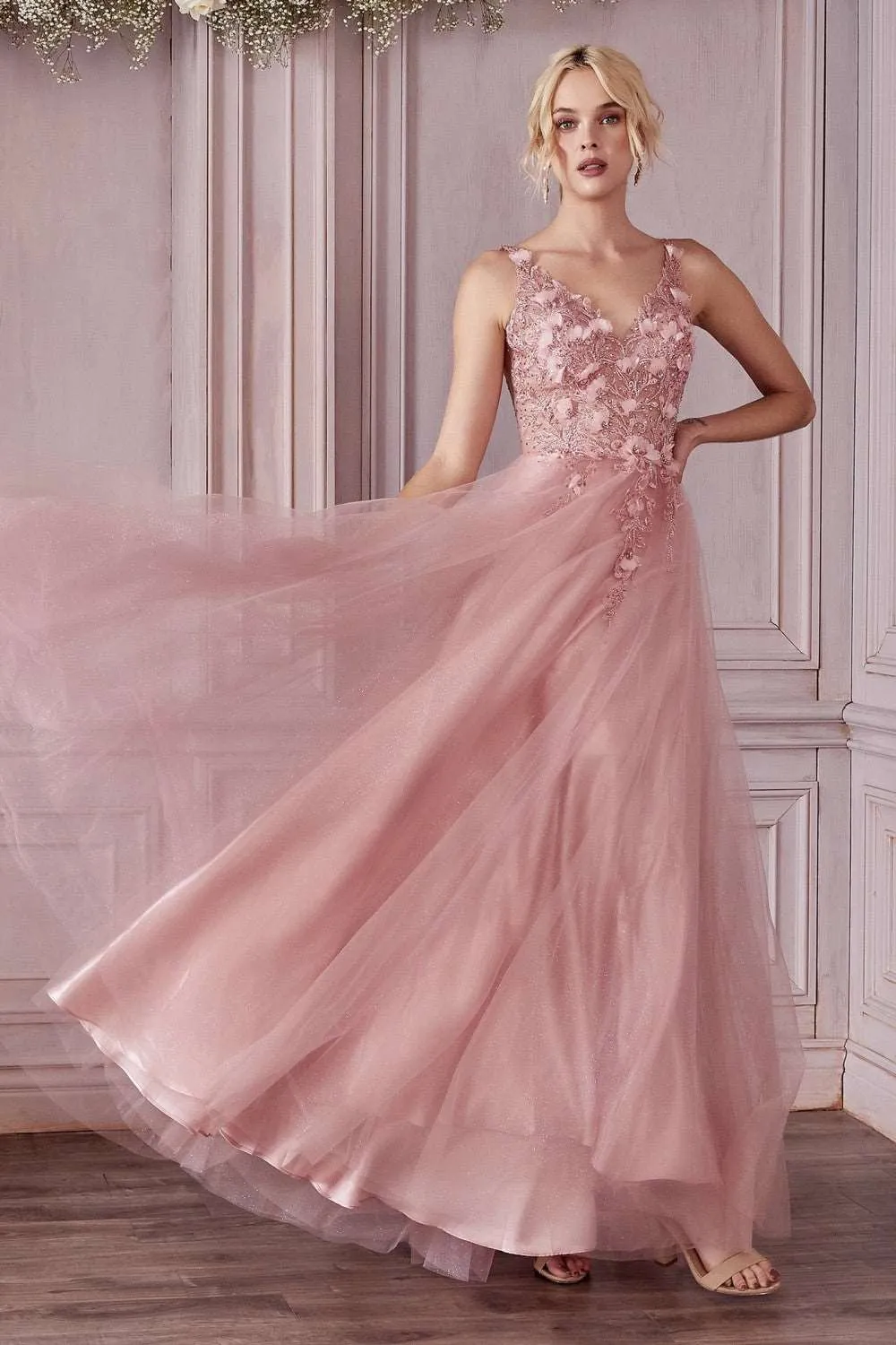 CD CD0181 - Shimmer Tulle A-Line Prom Gown with 3D Floral & Lace Embellished Sheer Boned Bodice