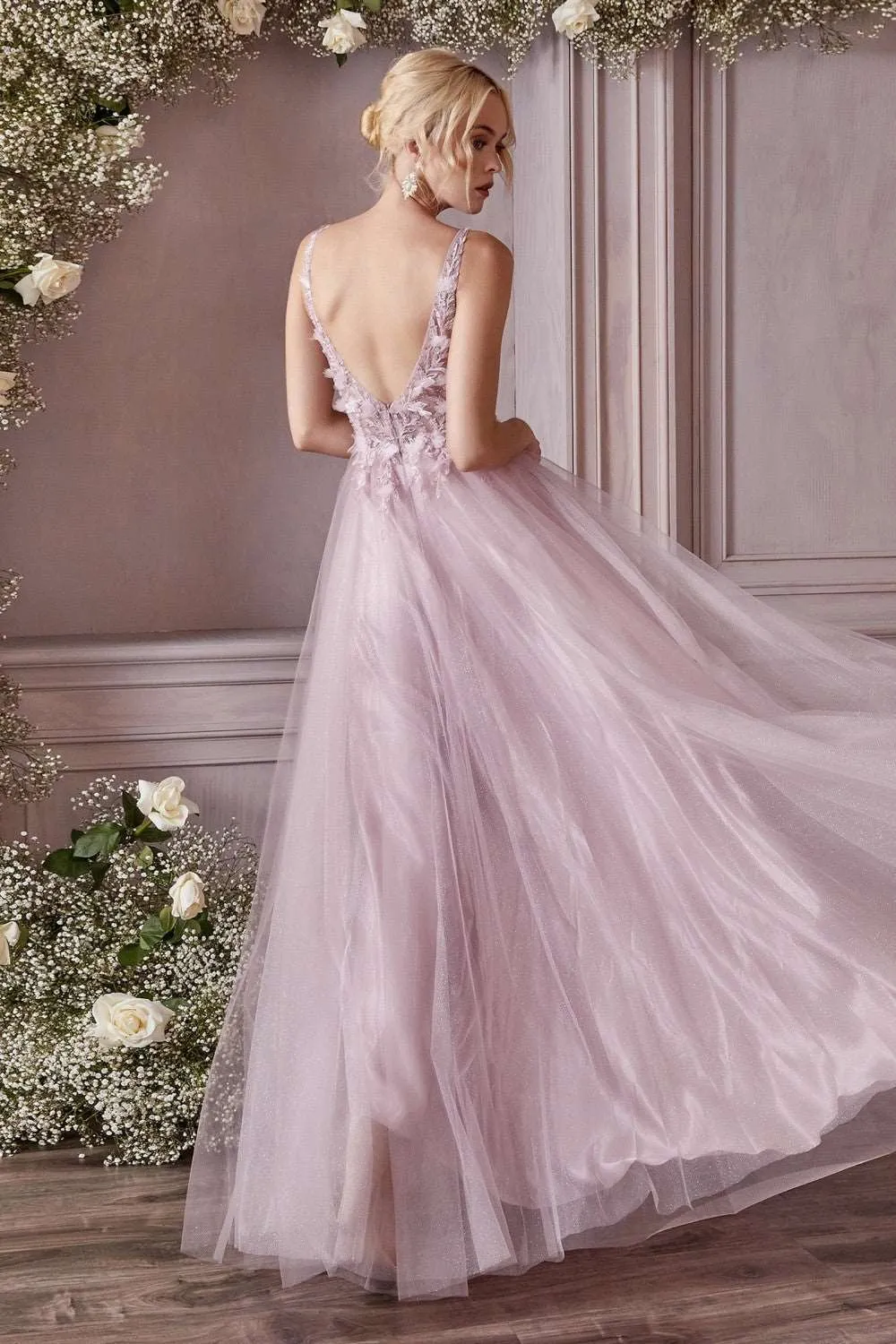 CD CD0181 - Shimmer Tulle A-Line Prom Gown with 3D Floral & Lace Embellished Sheer Boned Bodice