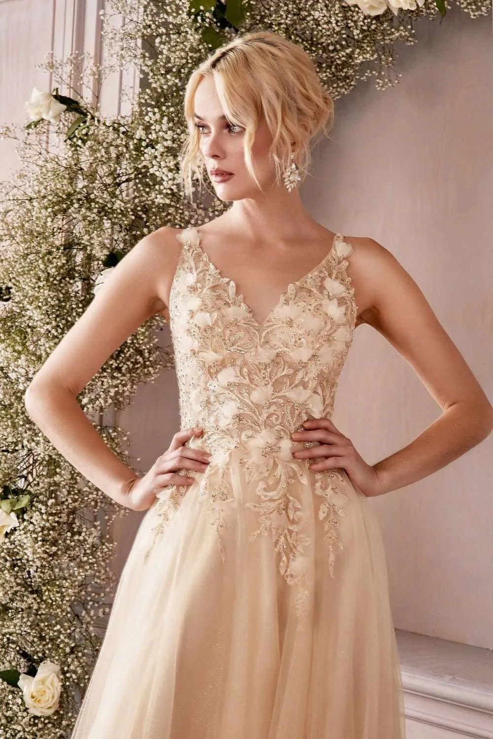CD CD0181 - Shimmer Tulle A-Line Prom Gown with 3D Floral & Lace Embellished Sheer Boned Bodice