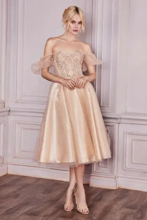 CD CD0187 - Tea Length Shimmering Tulle Homecoming Dress with Sheer Boned Applique Embellished Bodice & Optional Puff Sleeves