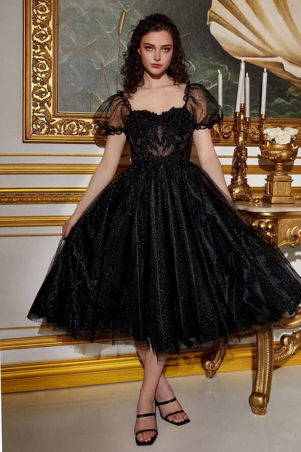 CD CD0187 - Tea Length Shimmering Tulle Homecoming Dress with Sheer Boned Applique Embellished Bodice & Optional Puff Sleeves