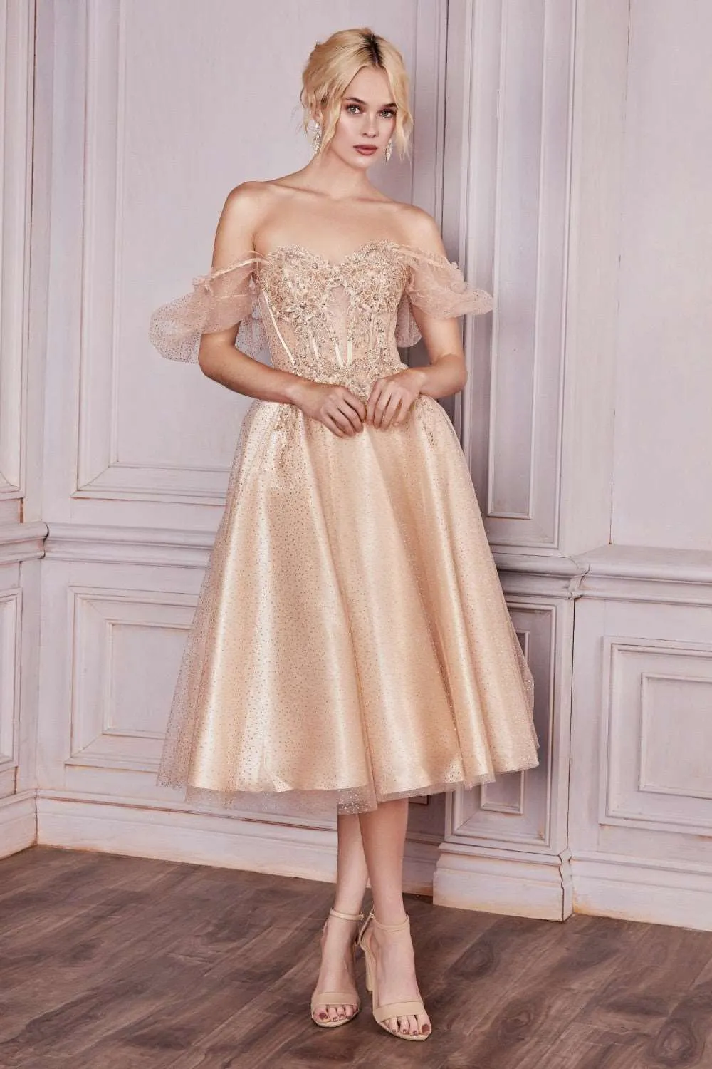 CD CD0187 - Tea Length Shimmering Tulle Homecoming Dress with Sheer Boned Applique Embellished Bodice & Optional Puff Sleeves