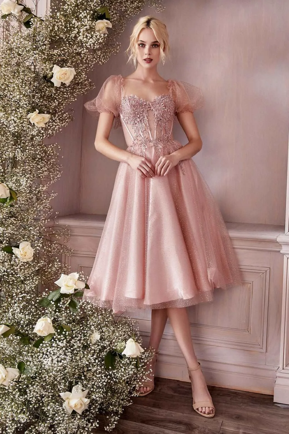 CD CD0187 - Tea Length Shimmering Tulle Homecoming Dress with Sheer Boned Applique Embellished Bodice & Optional Puff Sleeves