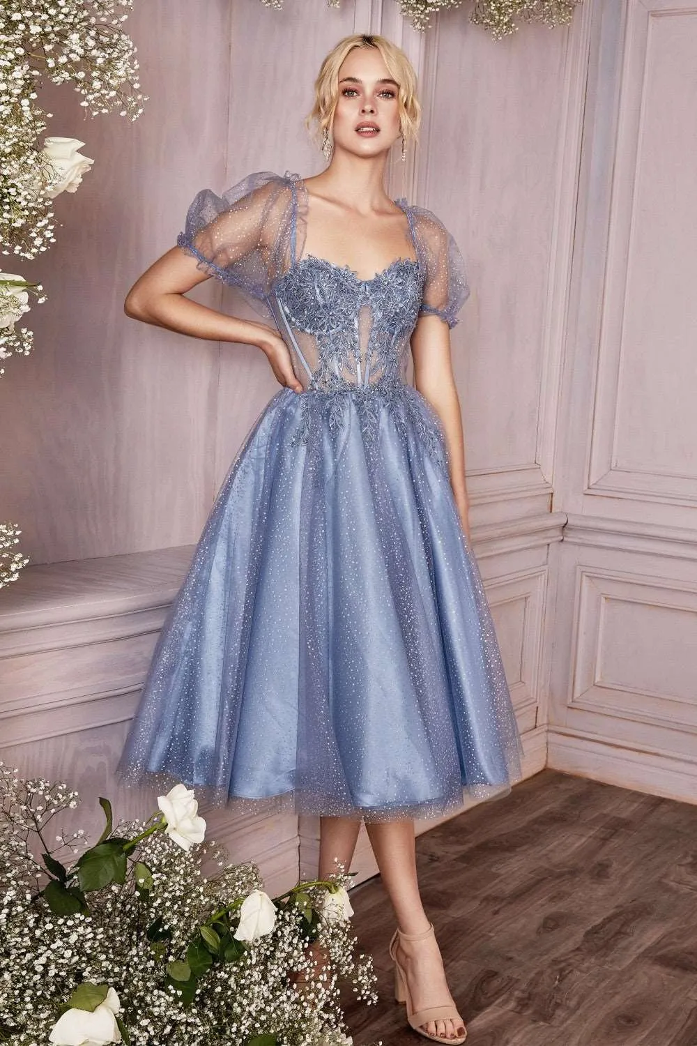 CD CD0187 - Tea Length Shimmering Tulle Homecoming Dress with Sheer Boned Applique Embellished Bodice & Optional Puff Sleeves
