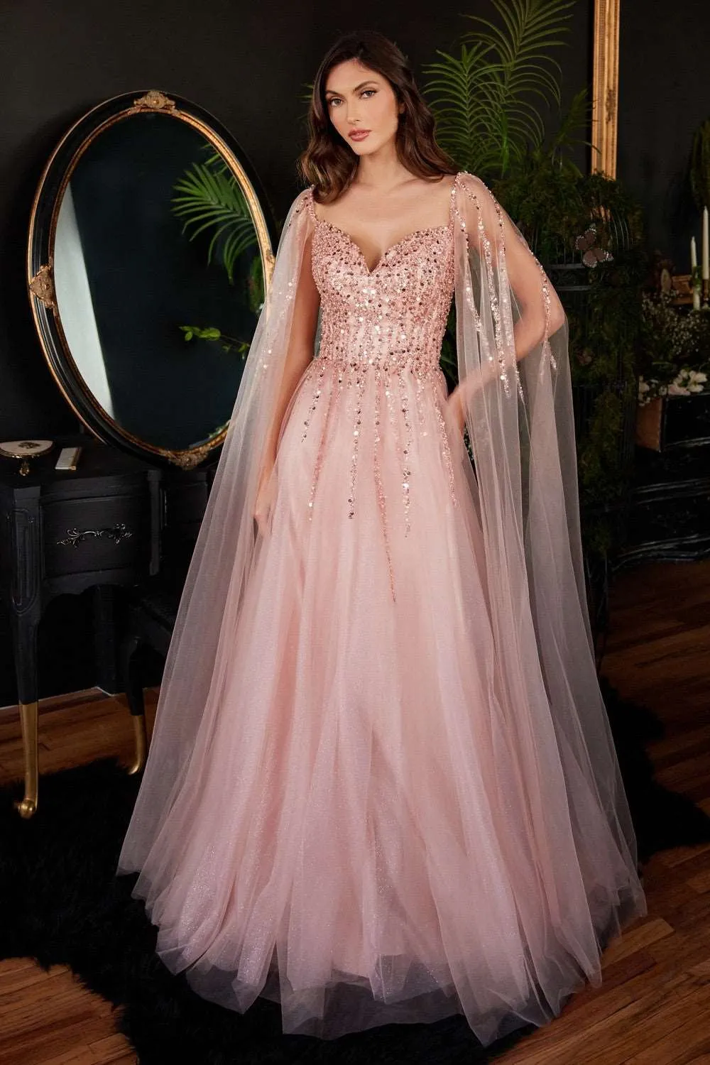 CD CD0204 - Shimmer Tulle A-Line Prom Gown with Beaded Bodice & Removeable Cape Sleeves
