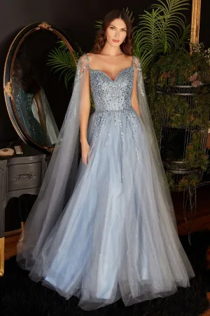 CD CD0204 - Shimmer Tulle A-Line Prom Gown with Beaded Bodice & Removeable Cape Sleeves