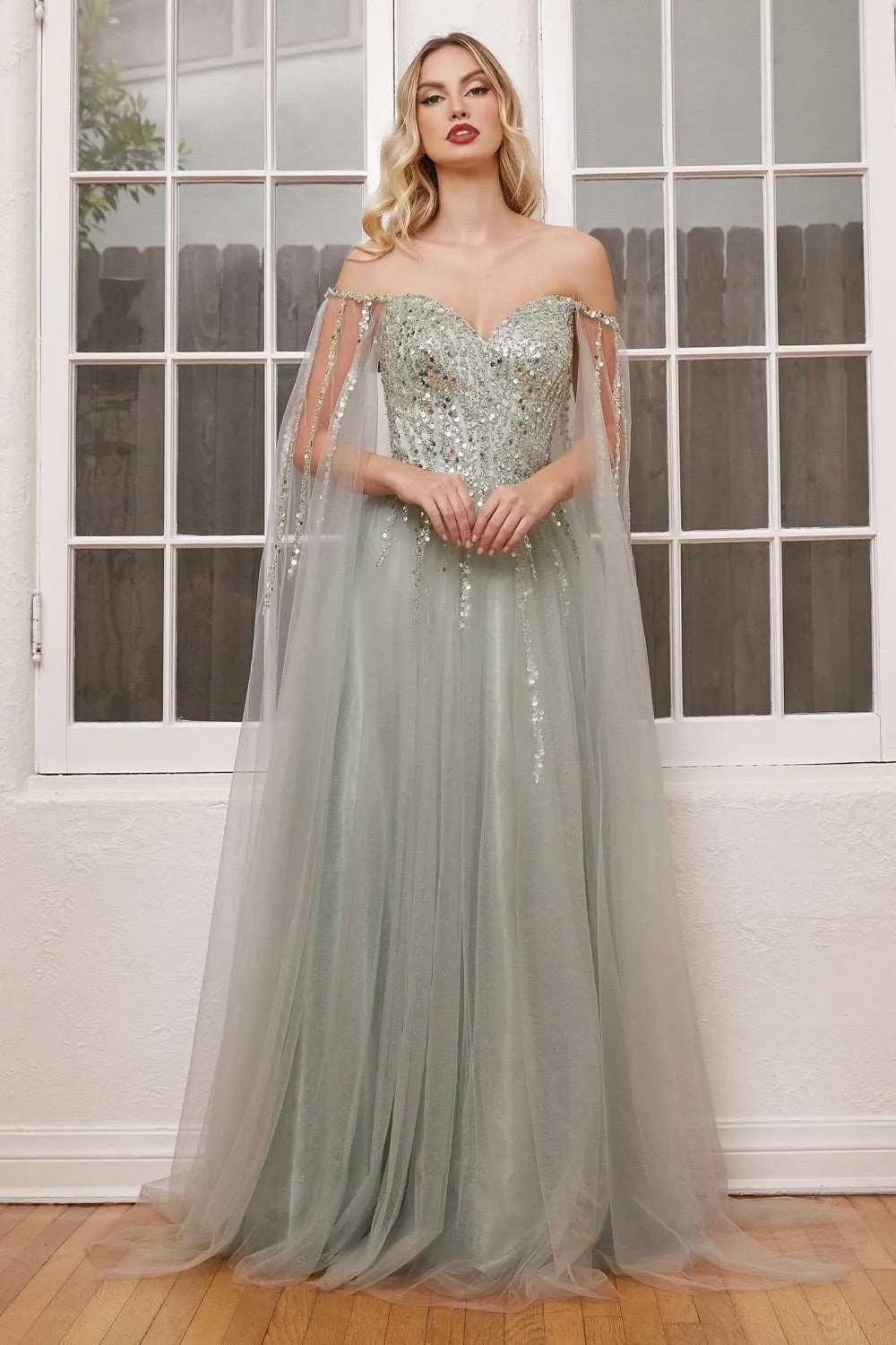 CD CD0204 - Shimmer Tulle A-Line Prom Gown with Beaded Bodice & Removeable Cape Sleeves