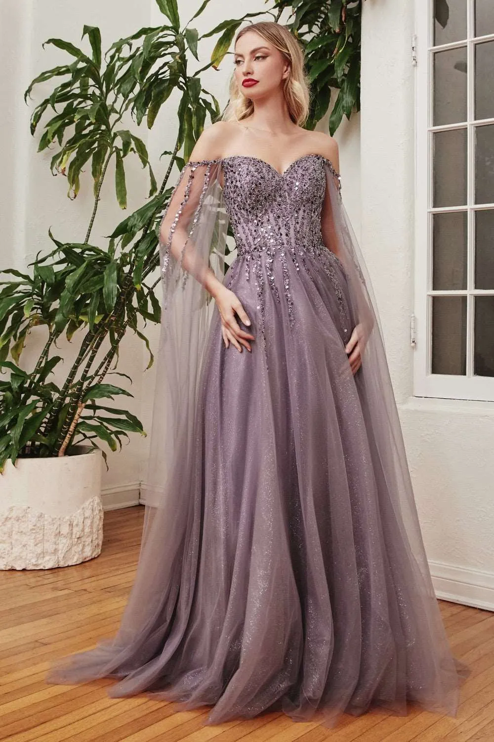 CD CD0204 - Shimmer Tulle A-Line Prom Gown with Beaded Bodice & Removeable Cape Sleeves