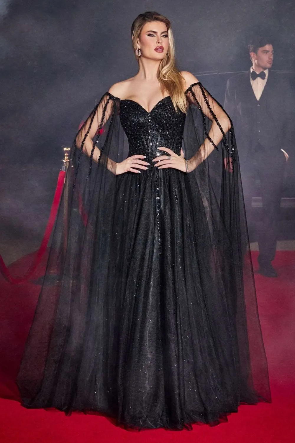 CD CD0204 - Shimmer Tulle A-Line Prom Gown with Beaded Bodice & Removeable Cape Sleeves