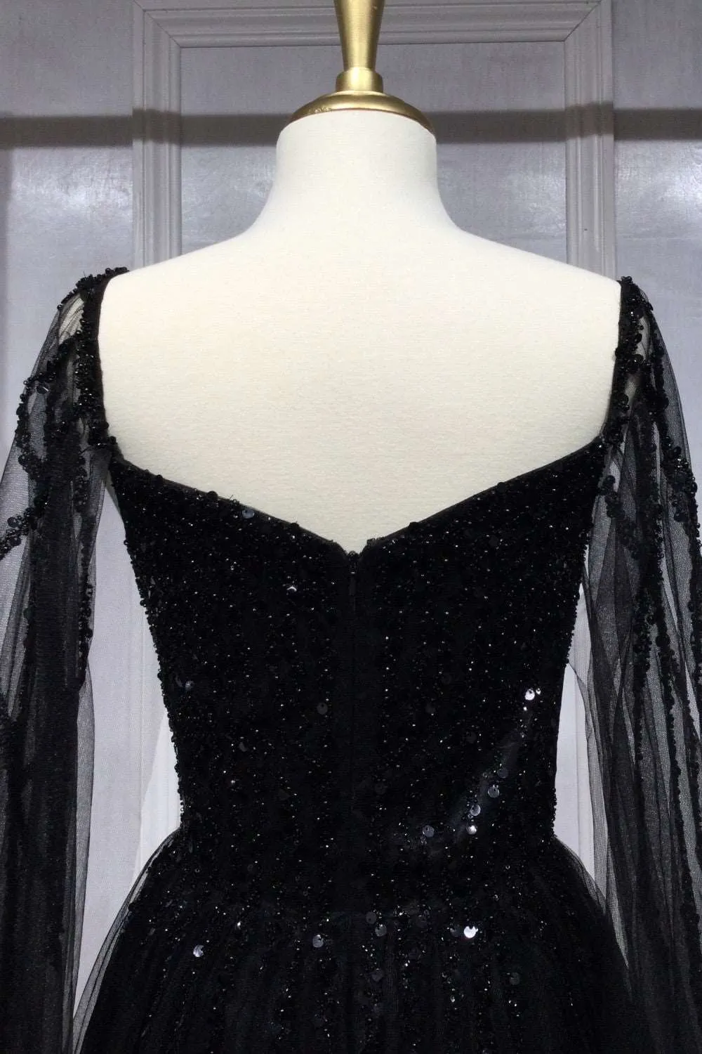 CD CD0204 - Shimmer Tulle A-Line Prom Gown with Beaded Bodice & Removeable Cape Sleeves