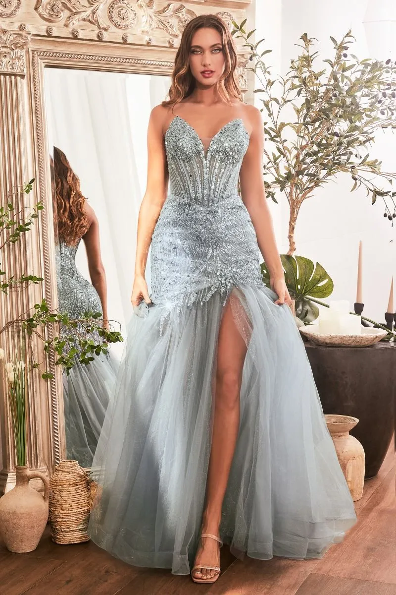 CD CD0214 - Strapless Beaded Mermaid Prom Gown with Sheer Boned Corset Bodice & Leg Slit