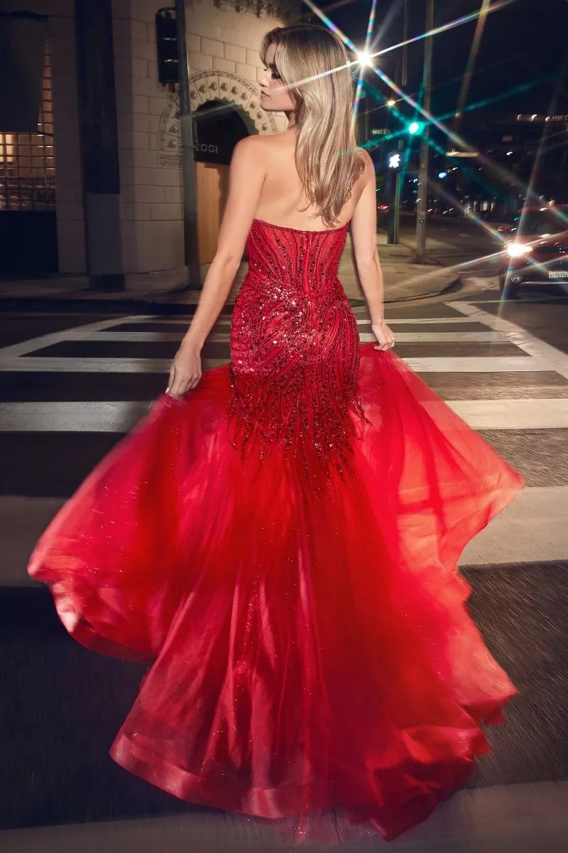 CD CD0214 - Strapless Beaded Mermaid Prom Gown with Sheer Boned Corset Bodice & Leg Slit