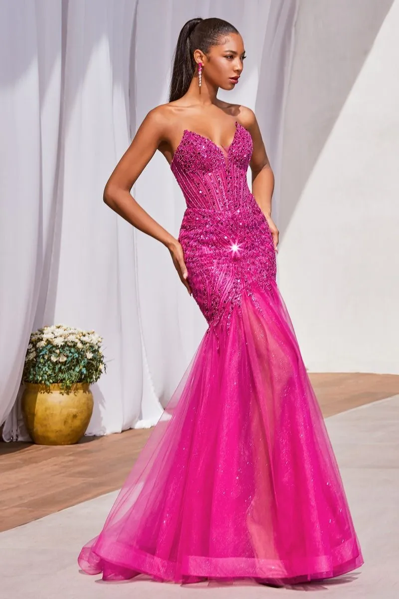 CD CD0214 - Strapless Beaded Mermaid Prom Gown with Sheer Boned Corset Bodice & Leg Slit