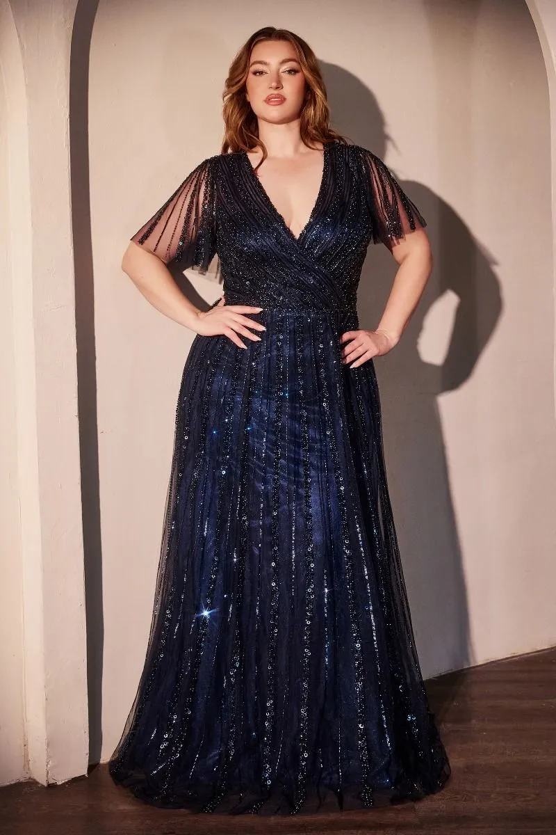 CD CD0241 - Linear Beaded A-Line Gown with V-Neck & Butterfly Sleeves