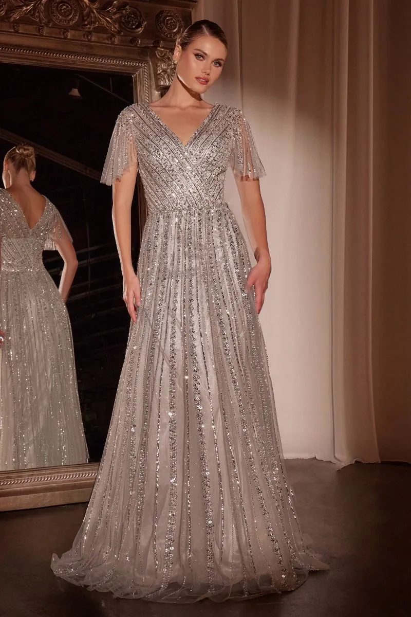 CD CD0241 - Linear Beaded A-Line Gown with V-Neck & Butterfly Sleeves