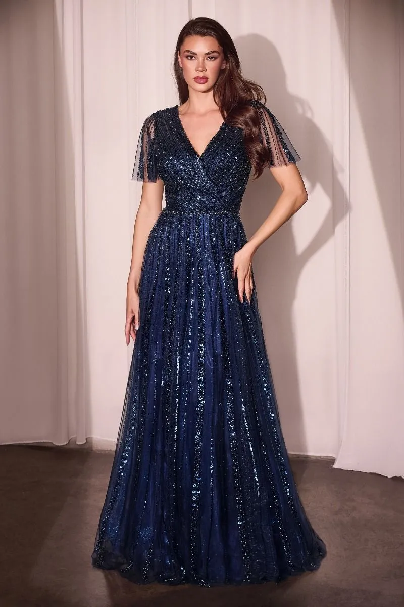 CD CD0241 - Linear Beaded A-Line Gown with V-Neck & Butterfly Sleeves
