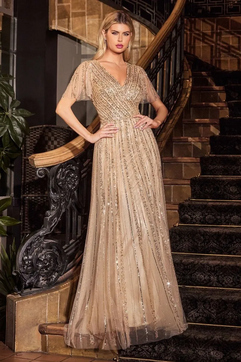 CD CD0241 - Linear Beaded A-Line Gown with V-Neck & Butterfly Sleeves
