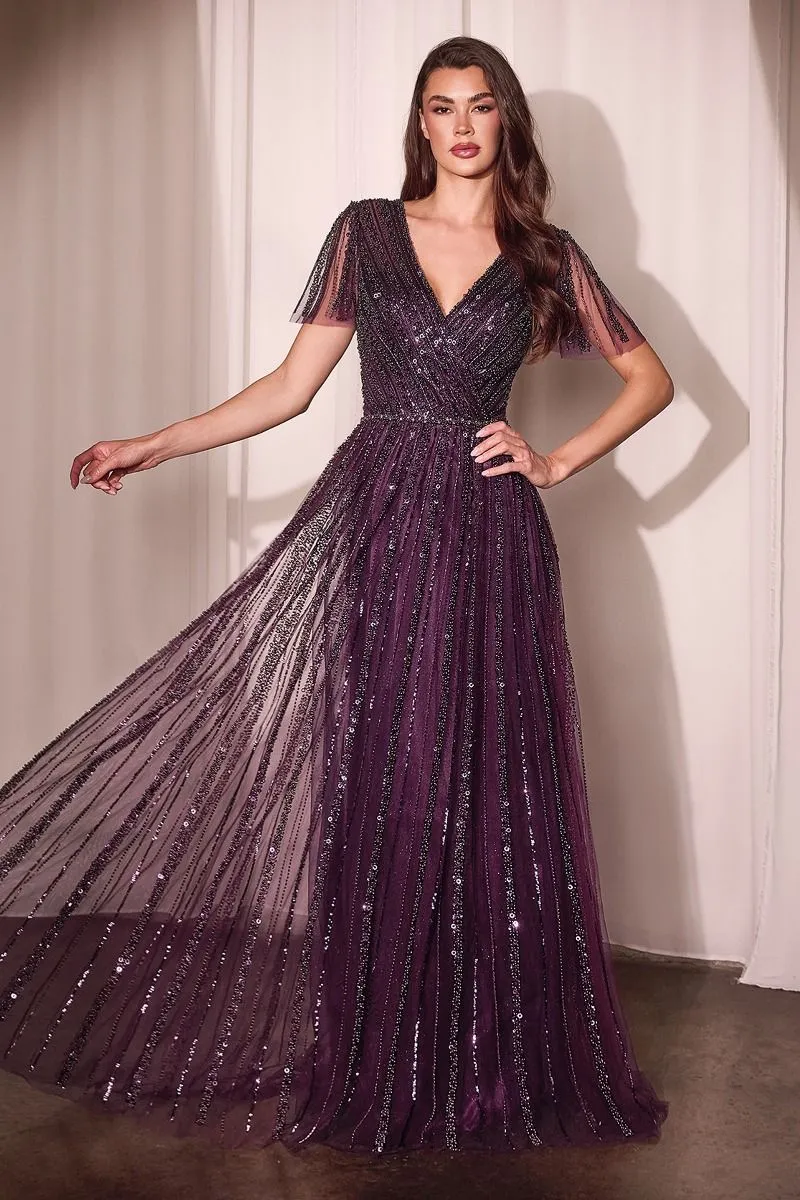 CD CD0241 - Linear Beaded A-Line Gown with V-Neck & Butterfly Sleeves