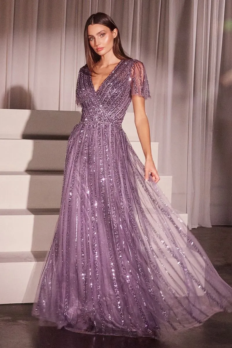 CD CD0241 - Linear Beaded A-Line Gown with V-Neck & Butterfly Sleeves