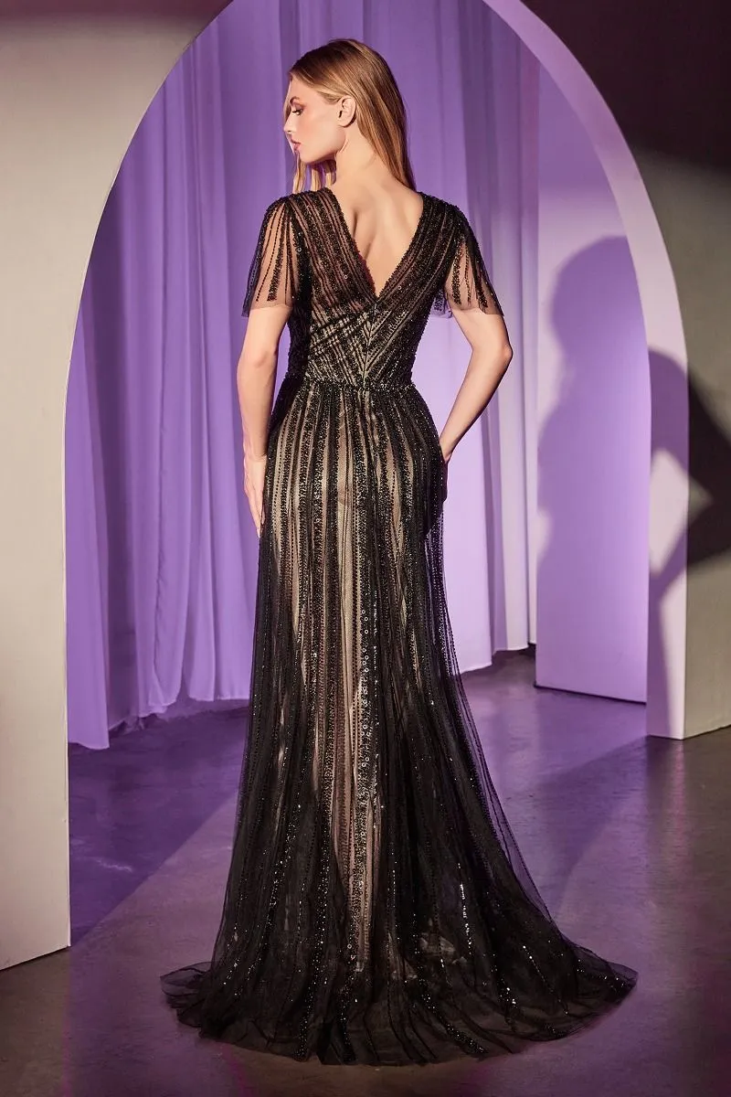CD CD0241 - Linear Beaded A-Line Gown with V-Neck & Butterfly Sleeves