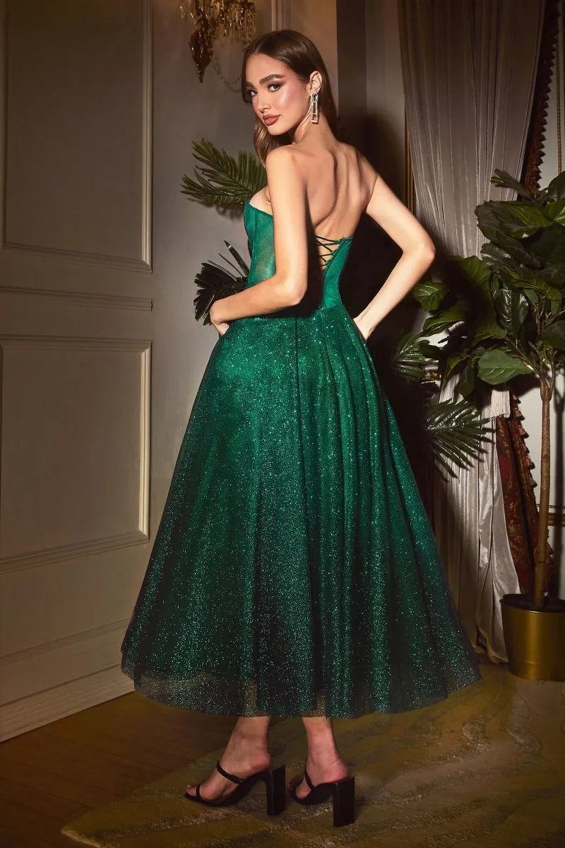 CD CD275T - Strapless Glitter A-Line Tea Length with Sheer Bodice and Corset Style Back