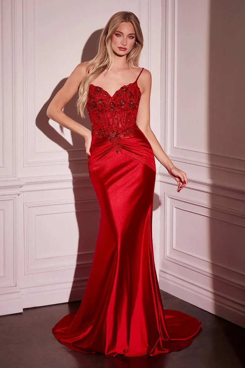 CD CD776 - Stretch Satin Fit & Flare Prom Gown with Sheer Boned Beaded Lace Bodice & Pleated Waist