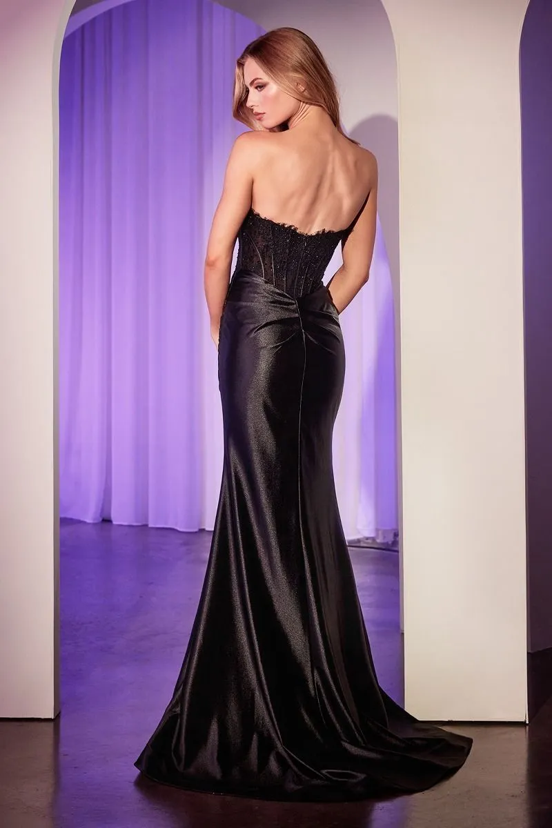 CD CD797 - Satin Strapless Fit & Flare Prom Gown with Sheer Boned Lace Bodice Cowl Neck & Open Lace Up Back