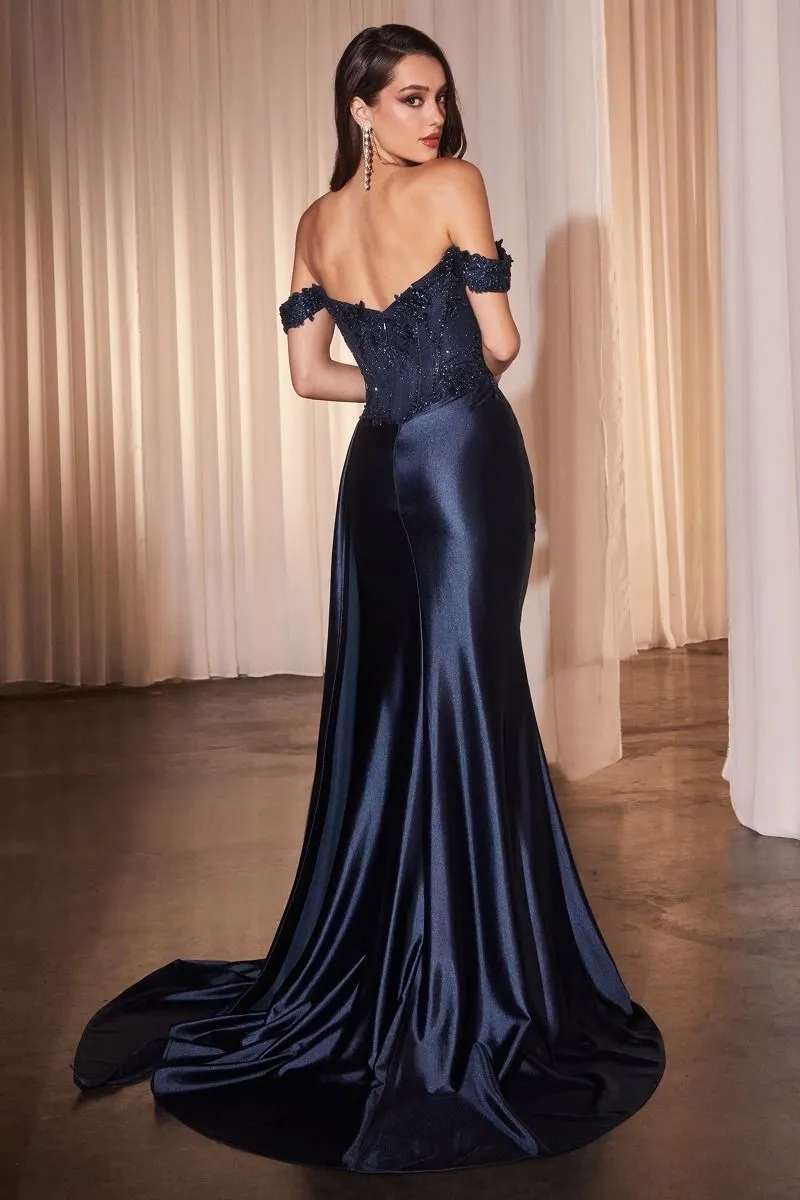 CD CD803 - Off the Shoulder Stretch Satin Fit & Flare Prom Gown with Sheer Boned Beaded Lace Bodice High Leg Slit & Side Sash