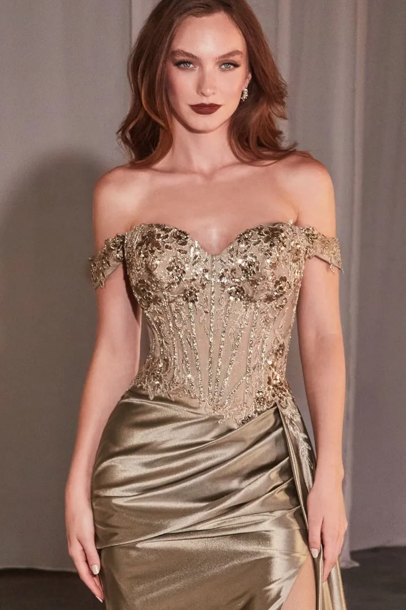 CD CD803 - Off the Shoulder Stretch Satin Fit & Flare Prom Gown with Sheer Boned Beaded Lace Bodice High Leg Slit & Side Sash