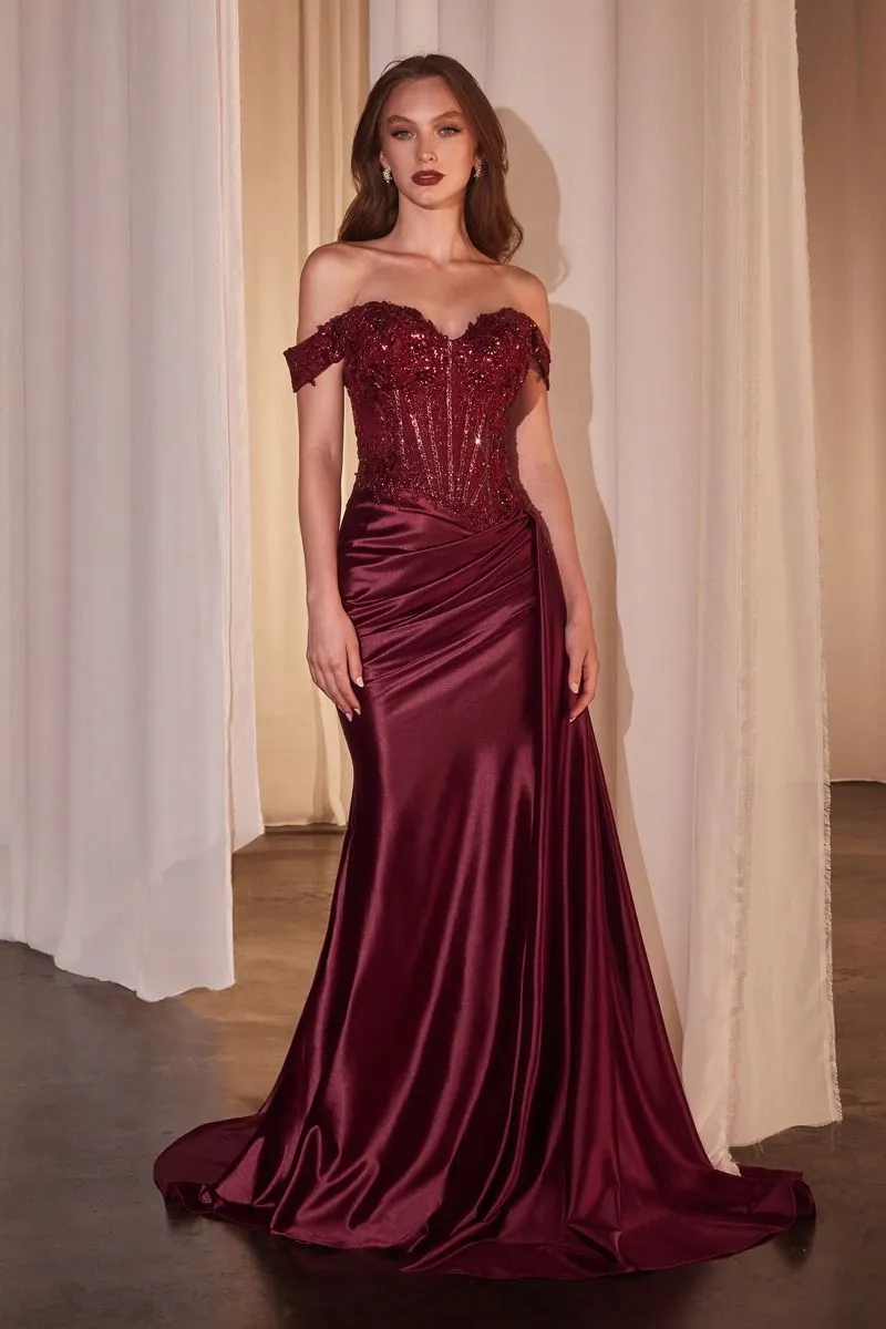 CD CD803 - Off the Shoulder Stretch Satin Fit & Flare Prom Gown with Sheer Boned Beaded Lace Bodice High Leg Slit & Side Sash