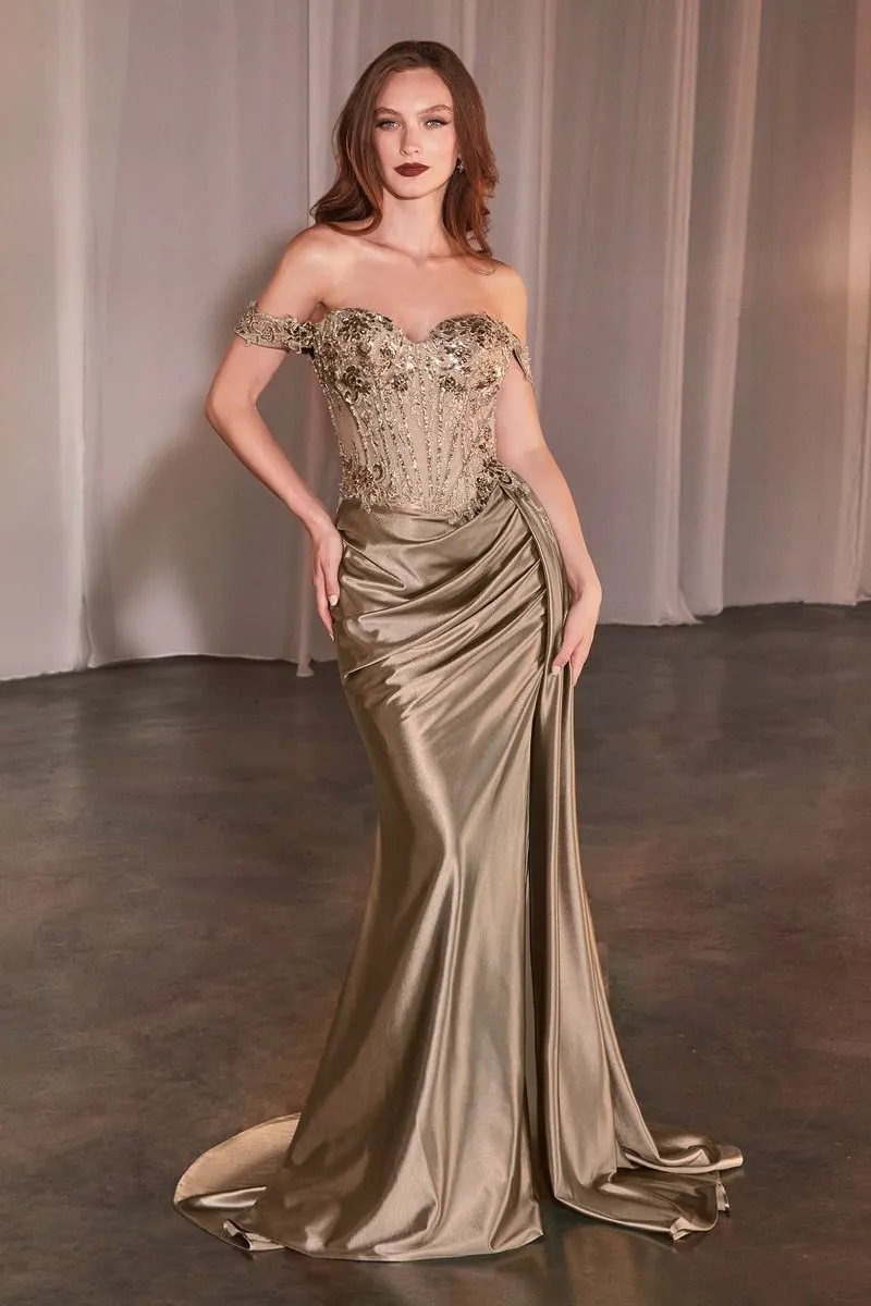 CD CD803 - Off the Shoulder Stretch Satin Fit & Flare Prom Gown with Sheer Boned Beaded Lace Bodice High Leg Slit & Side Sash