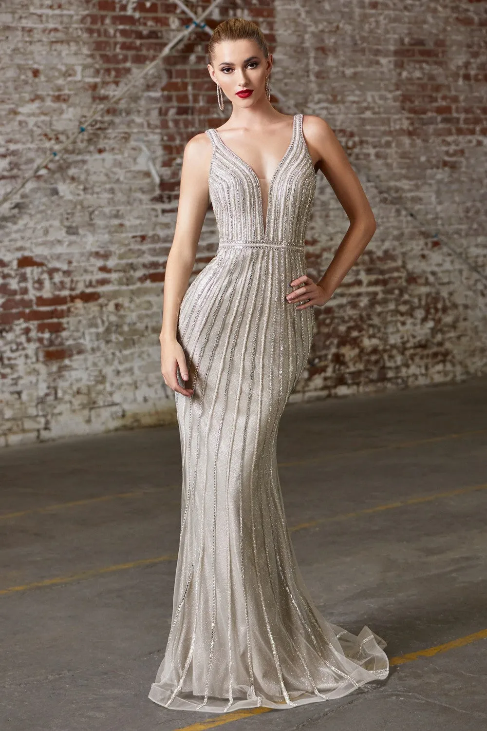 CD CD901 - Fully Beaded Fit & Flare Prom Gown with V-Neck Open Back & Train