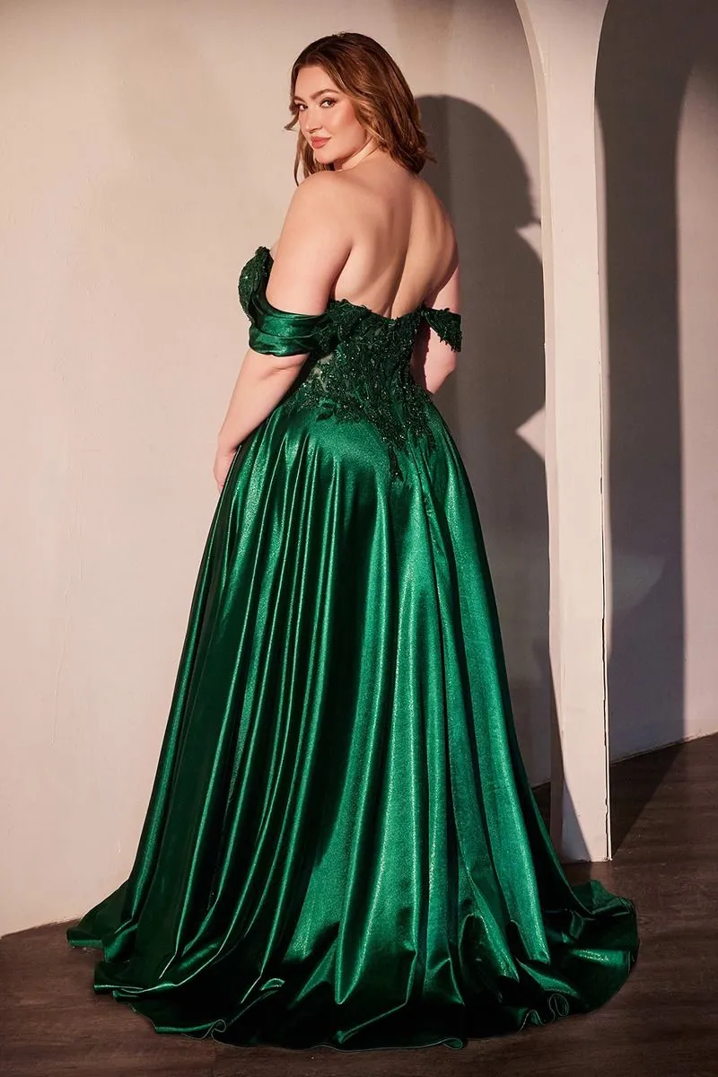 CD CDS525 - Strapless or Off the Shoulder Satin A-Line Prom Gown with Beaded Lace Appliqued Bodice
