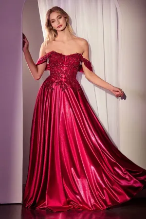 CD CDS525 - Strapless or Off the Shoulder Satin A-Line Prom Gown with Beaded Lace Appliqued Bodice