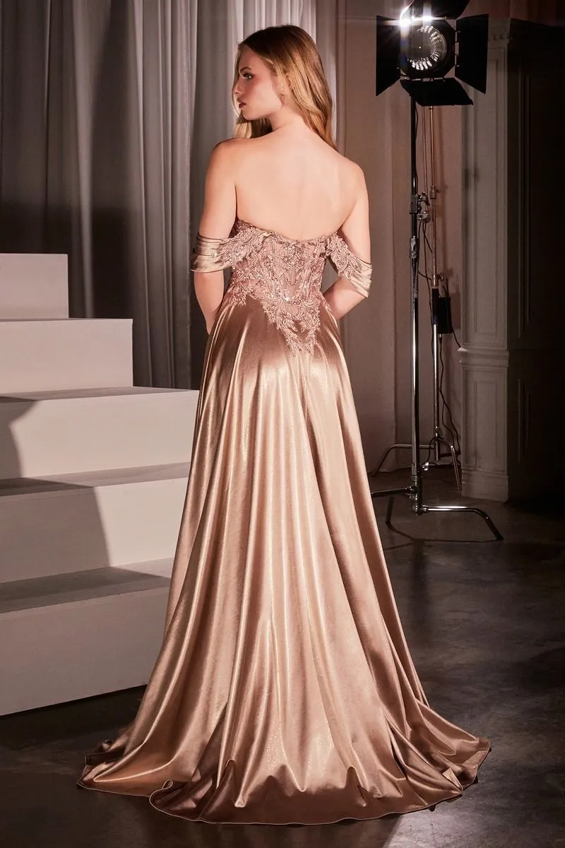CD CDS525 - Strapless or Off the Shoulder Satin A-Line Prom Gown with Beaded Lace Appliqued Bodice